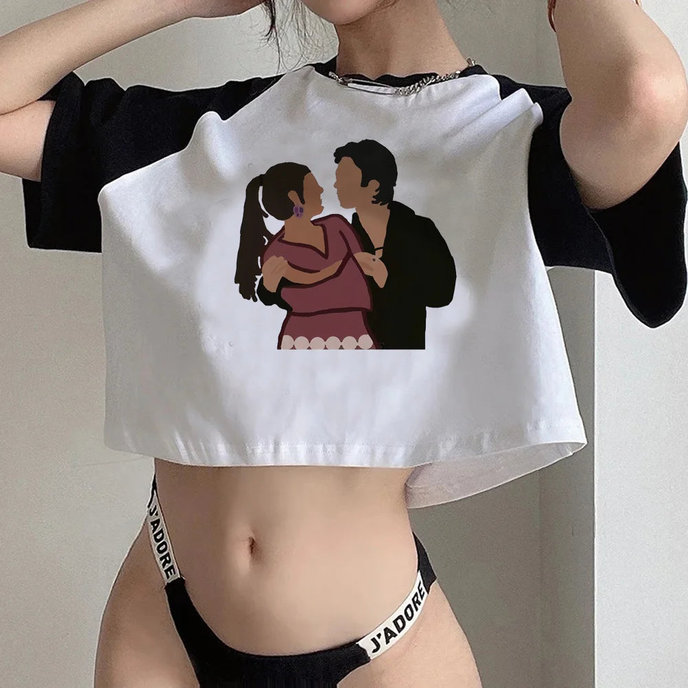 The Vampire Diaries Black and White Crop Short Sleeve Tops