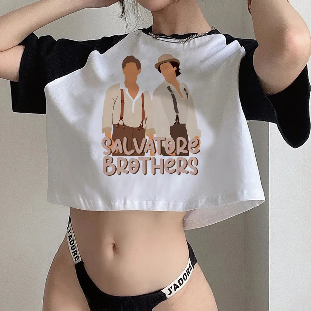 The Vampire Diaries Black and White Crop Short Sleeve Tops
