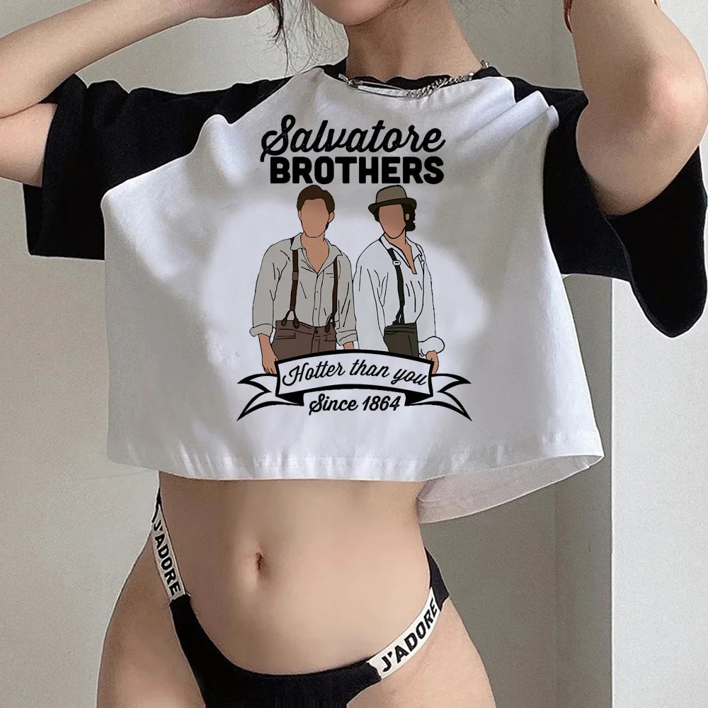 The Vampire Diaries Black and White Crop Short Sleeve Tops