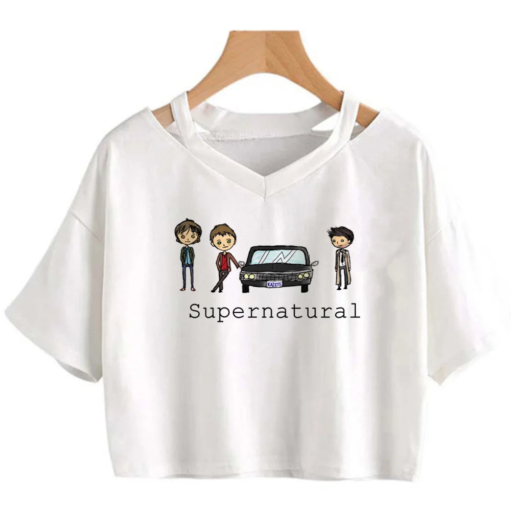 Supernatural White Crop Short Sleeve Tops