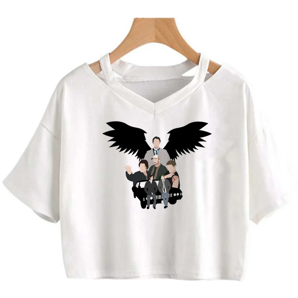 Supernatural White Crop Short Sleeve Tops