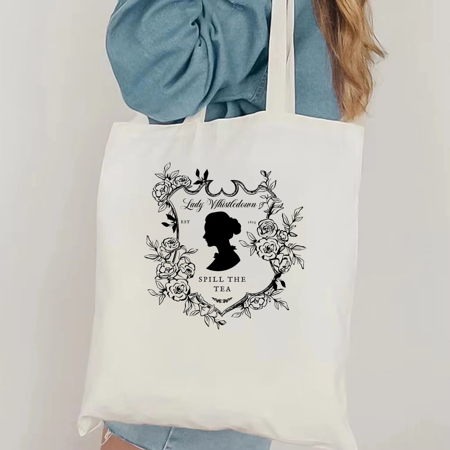 Bolsa de mano con la frase "Bridgerton Lady Whistledown Spill The Tea"
