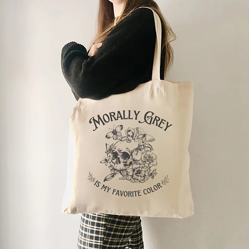 Morally Grey Gothic Style Skull Floral Print Tote Bag