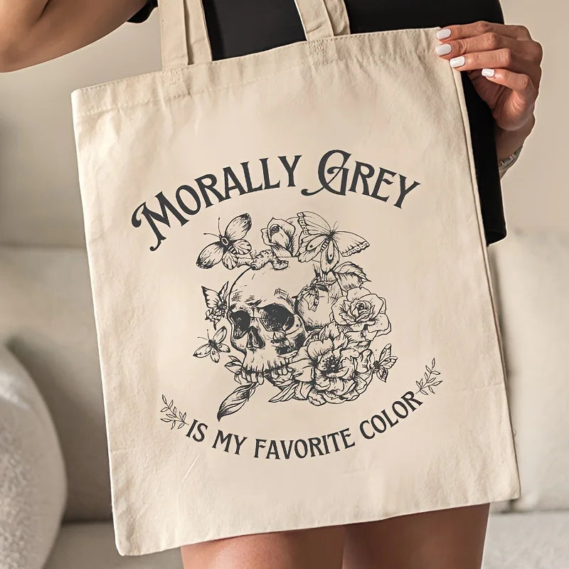 Morally Grey Gothic Style Skull Floral Print Tote Bag